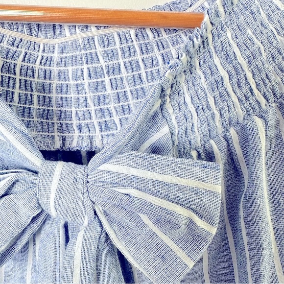 **NWT She and Sky Bow Front Detail Puff Sleeve Stripe Off the Shoulder Shirt - Picture 8 of 9